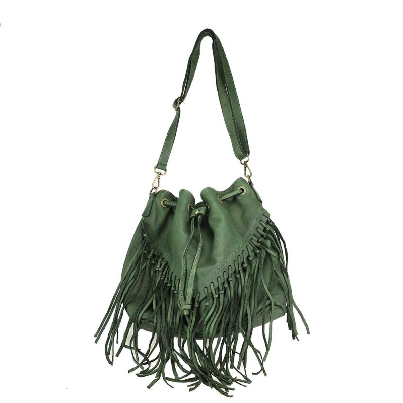 Leather bucket bag with fringes