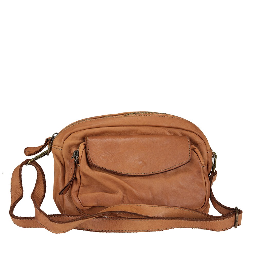 Shoulder bag in washed leather with front pocket