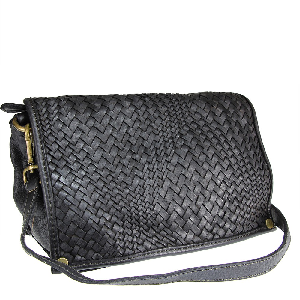 Black Woven Leather Crossbody Bag