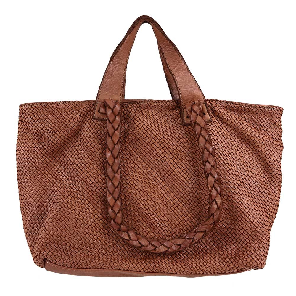 Leather bag in woven leather with double size handles