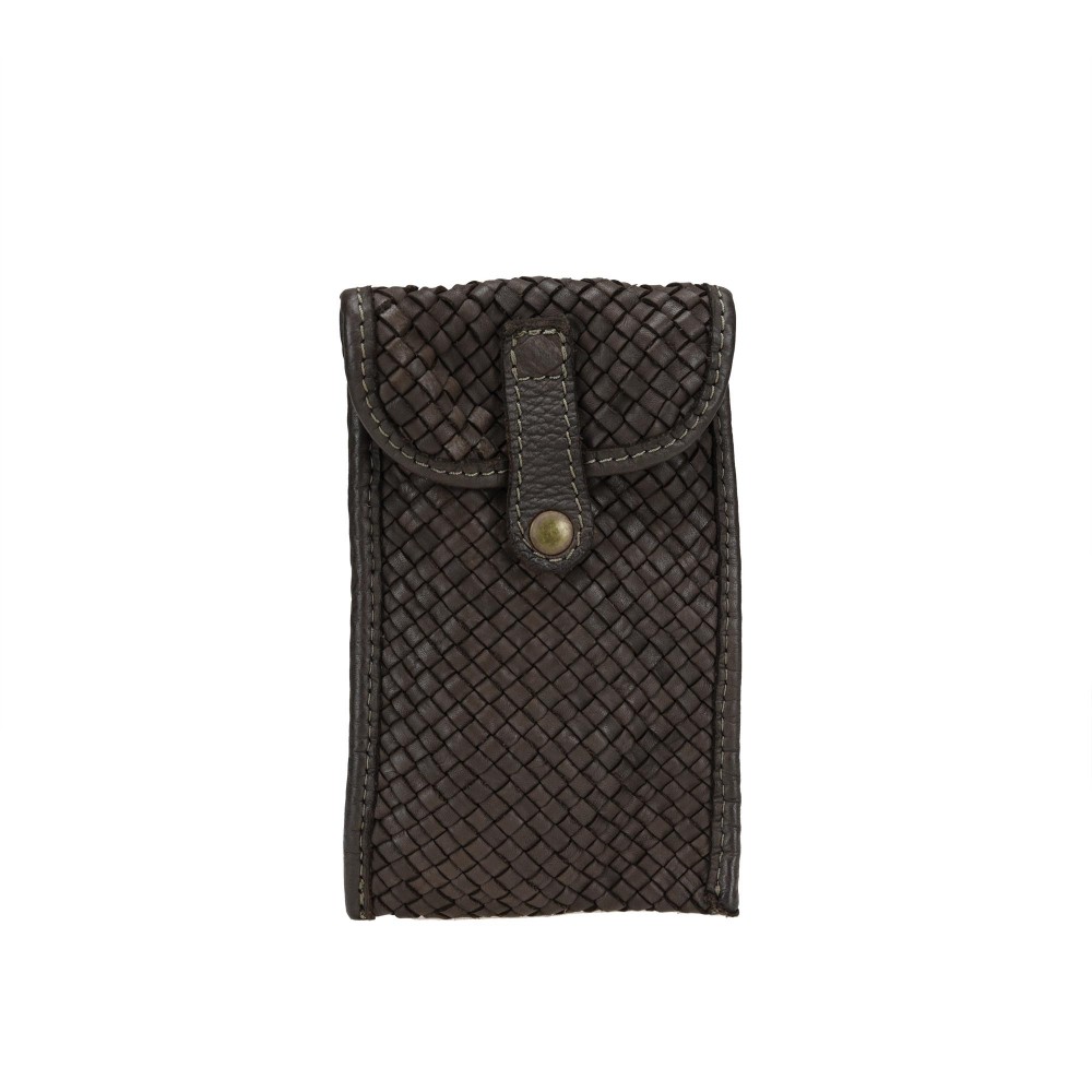 Smartphone holder in woven leather with shoulder strap