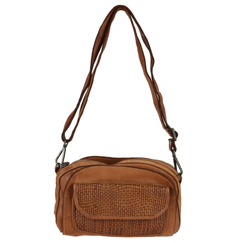 Braided leather cross body bag with external pockets