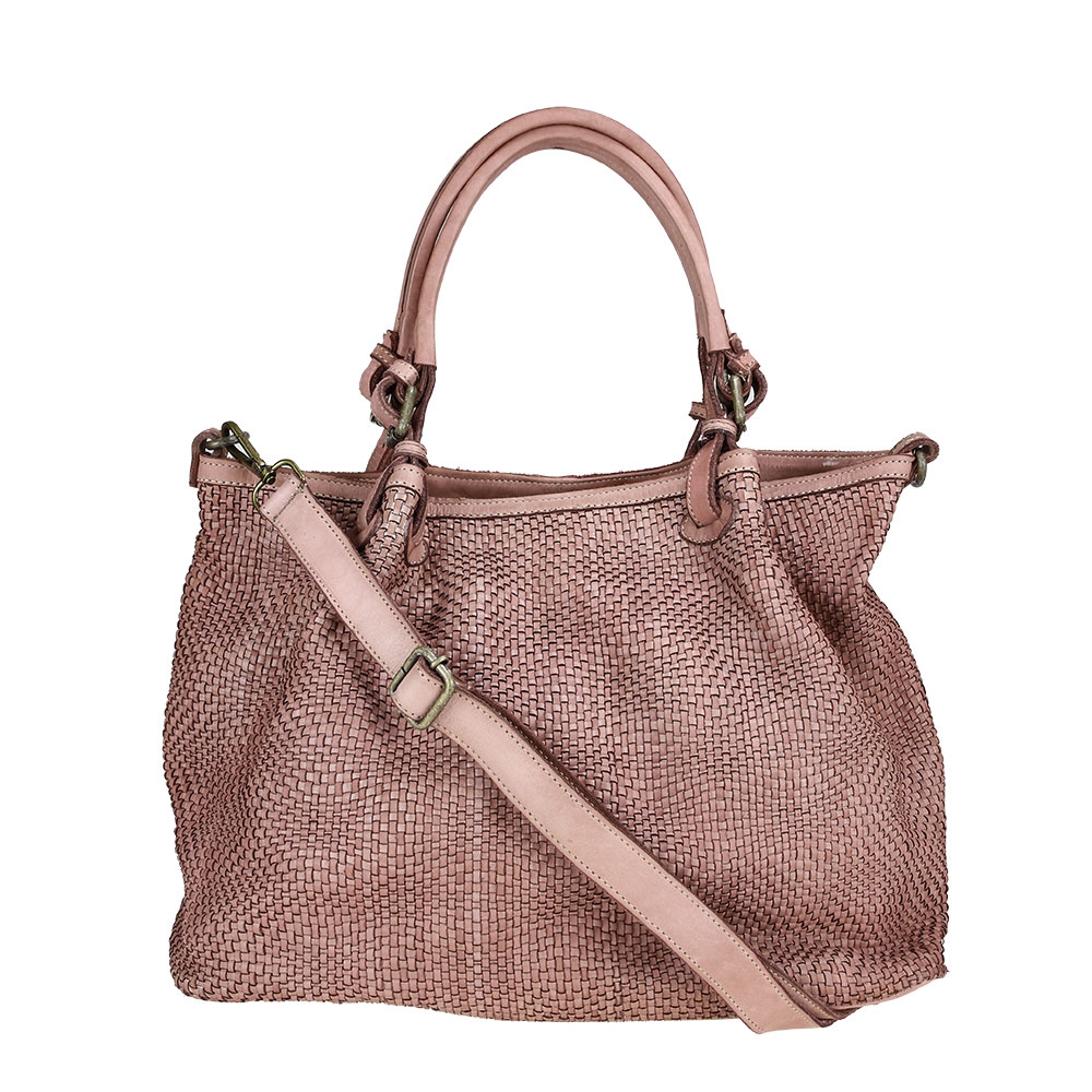Braided leather bag with buckle handles