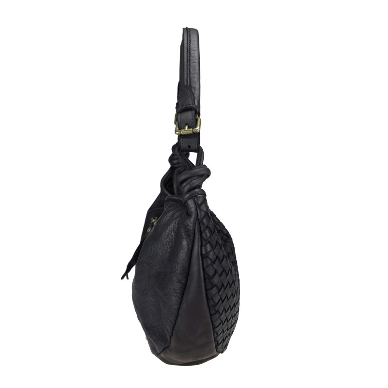 Shoulder bag in woven leather with shoulder strap
