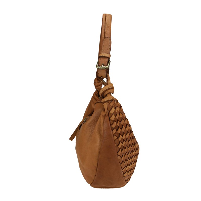 Shoulder bag in woven leather with shoulder strap