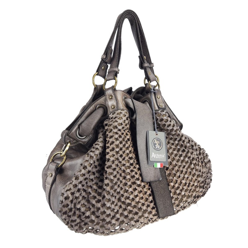 Hand-buffered leather bag with mesh texture
