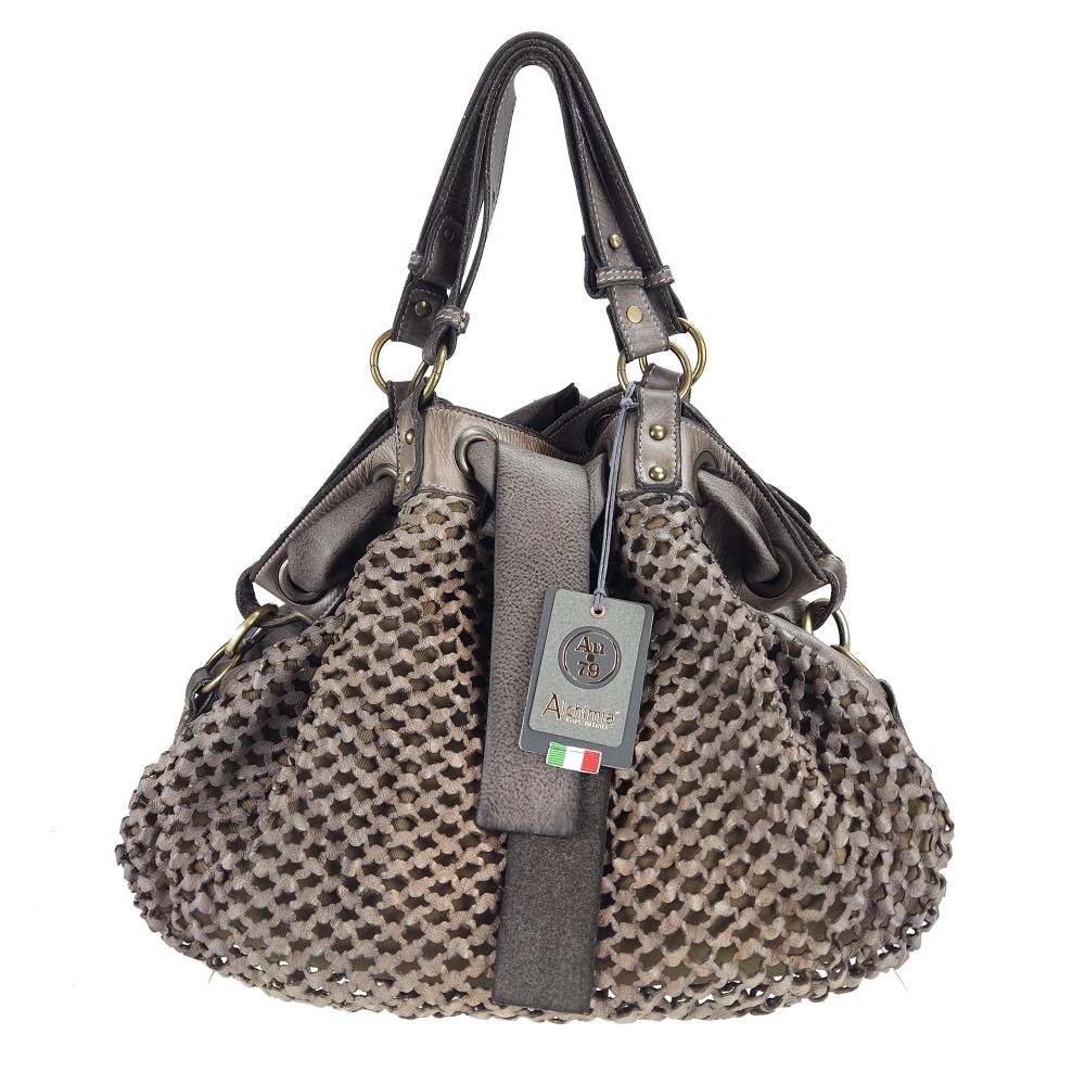 Hand-buffered leather bag with mesh texture