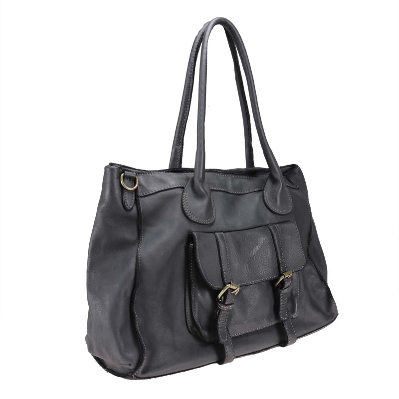 Shoulder bag in smooth vintage effect leather with front pocket