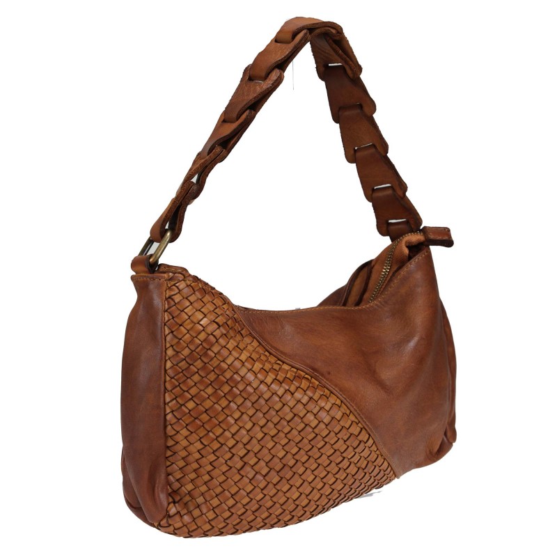 Handbag in smooth leather with woven patchwork