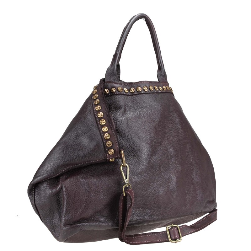 Large bag in smooth leather with vintage studs
