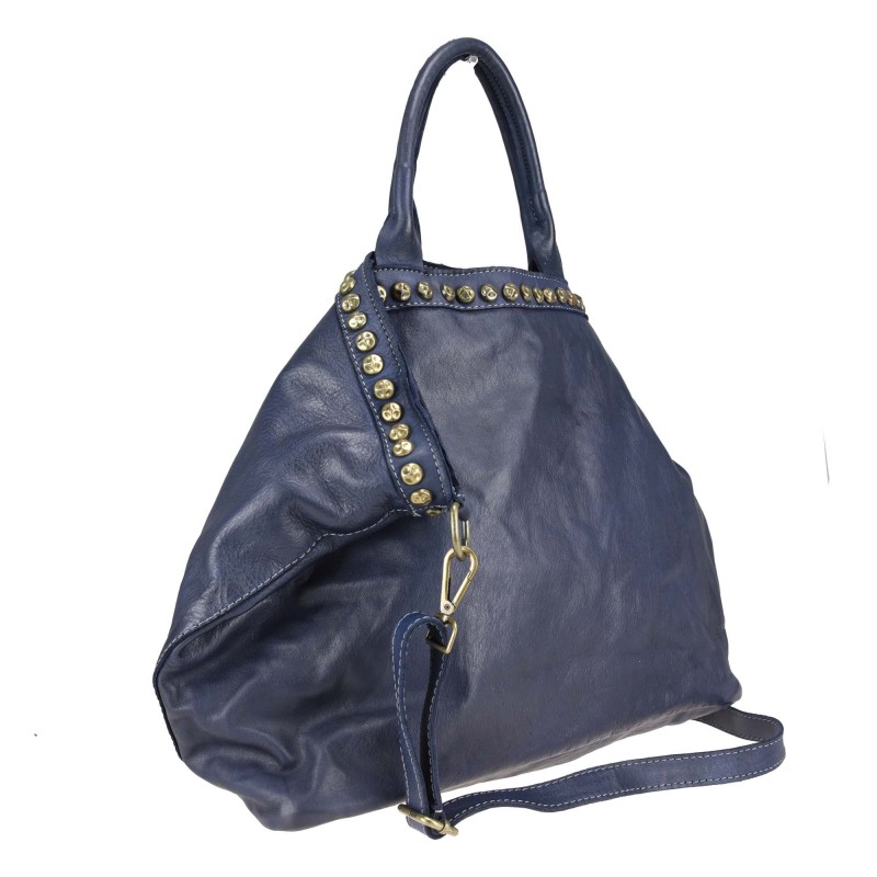 Large bag in smooth leather with vintage studs
