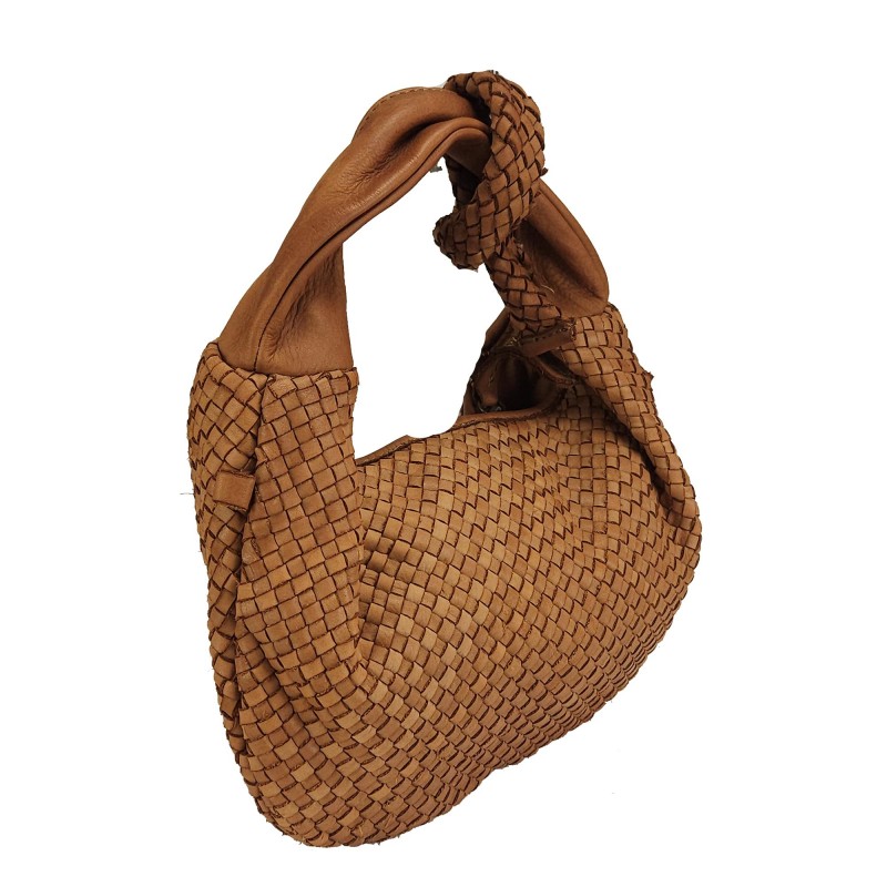Small handbag in woven leather with knot decoration