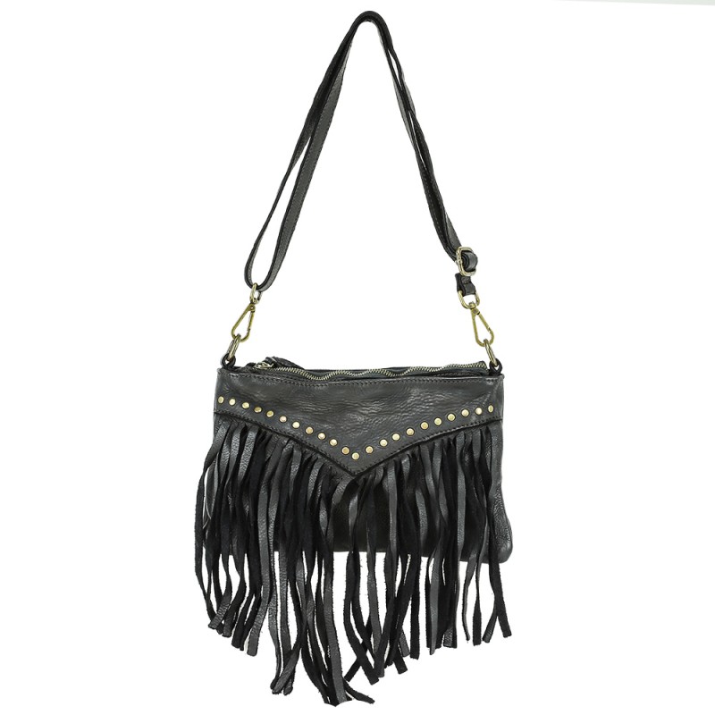 Leather cross-body bag with fringes and decorative studs