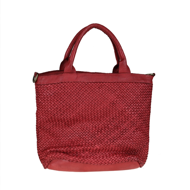 Handbag in woven leather with removable shoulder strap