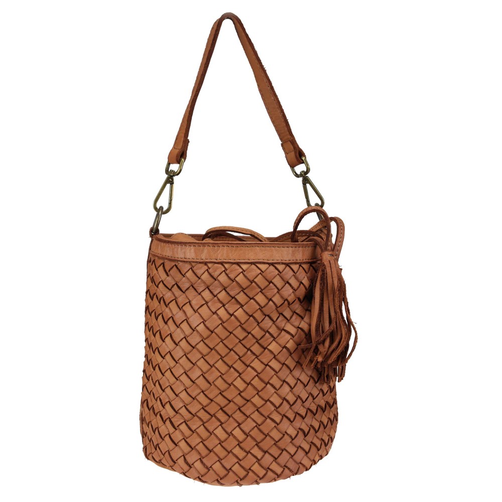Woven leather bucket with removable handle