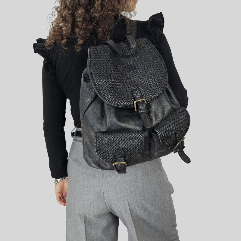 Braided leather backpack with front pockets