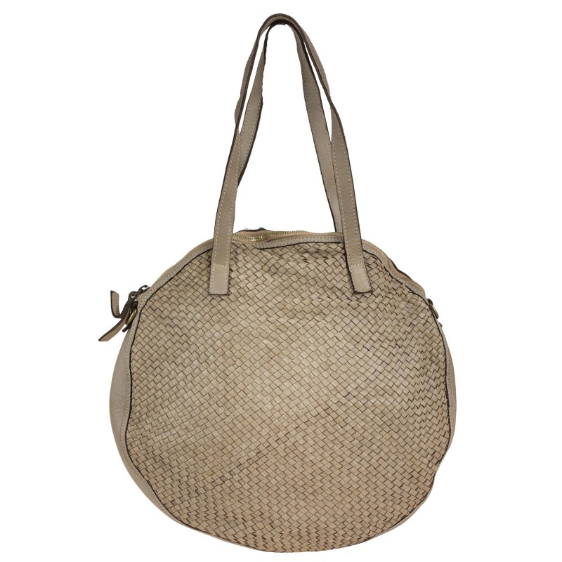 Round shoulder bag in woven leather