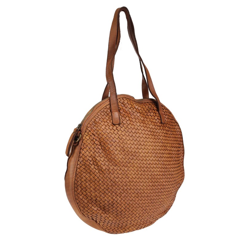 Round shoulder bag in woven leather