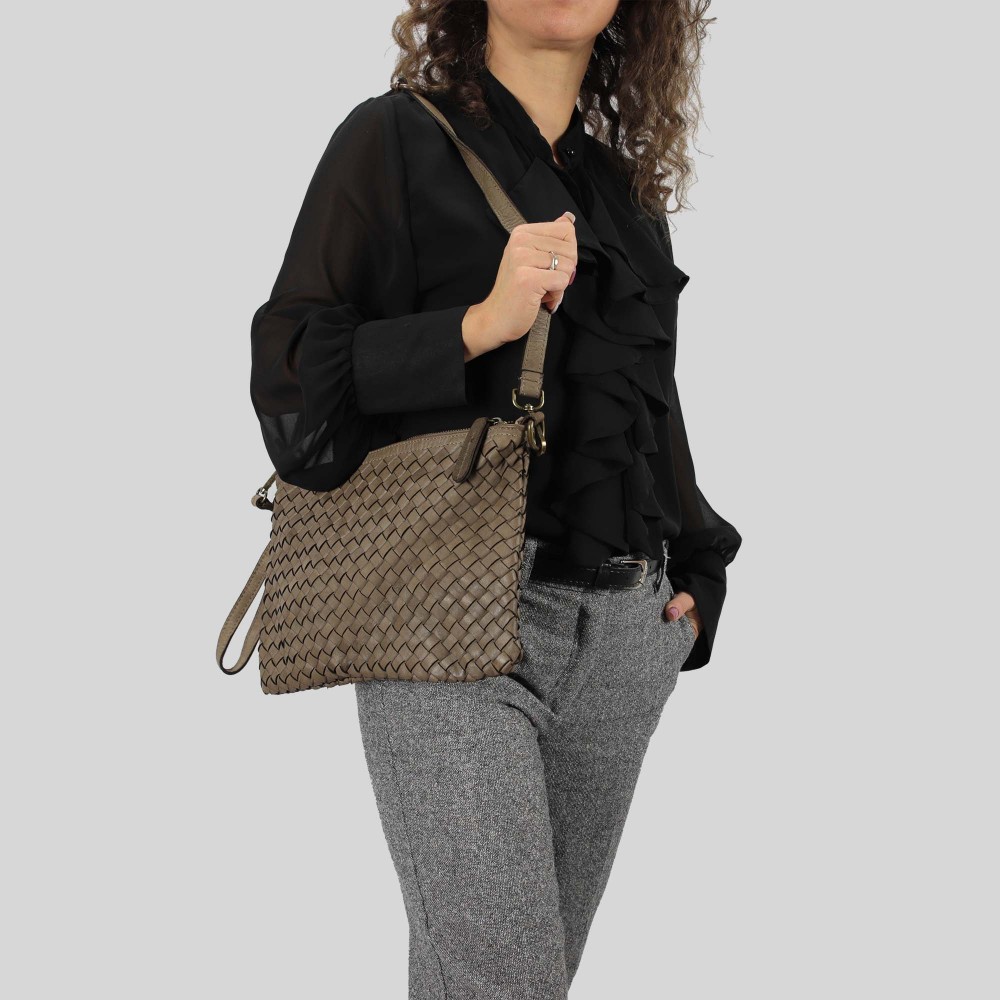 Woven leather clutch bag with shoulder strap