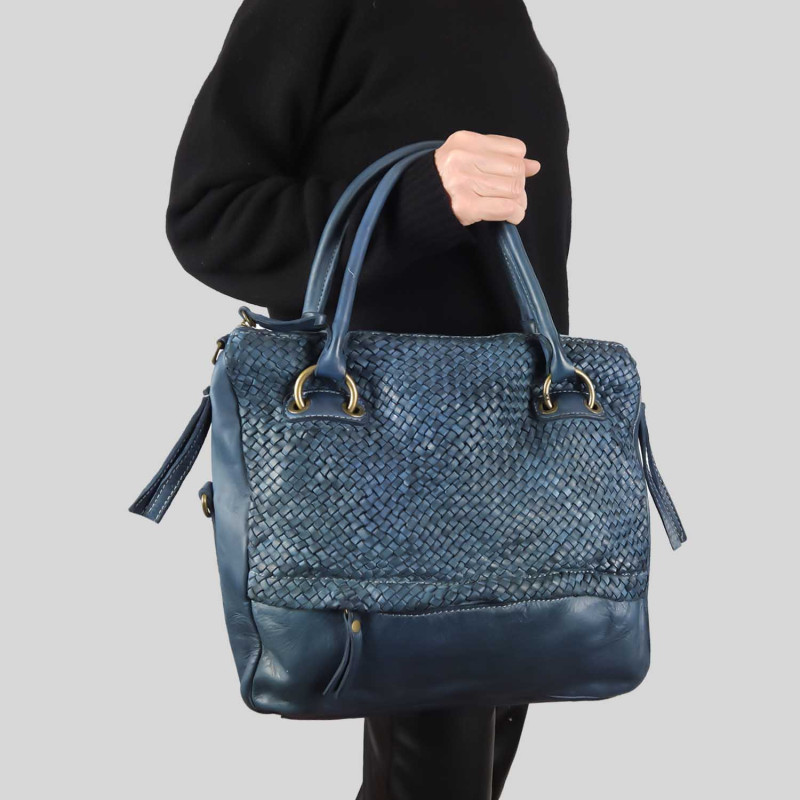 Woven leather bag with shoulder strap